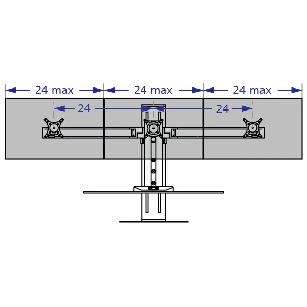 WINSTON-E3 triple sit-stand workstation with standard worksurface specification drawing front view demonstrating monitor size restriction when ina flat configuration