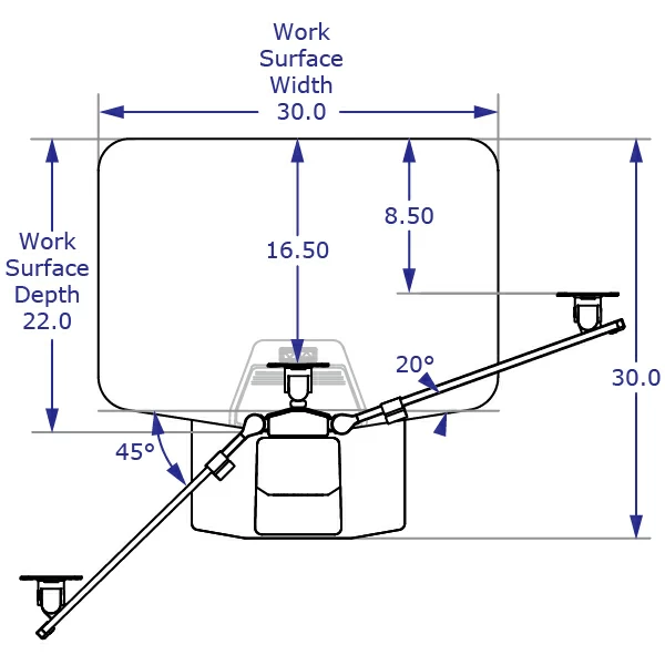 WINSTON-E3 triple sit-stand workstation with standard worksurface specification drawing top view with measurements