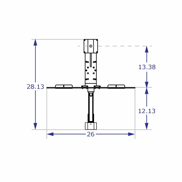 KIOSK-192 pole-mounted monitor arm and keyboard tray specification drawing front view with monitor attachment in highest position with measurements