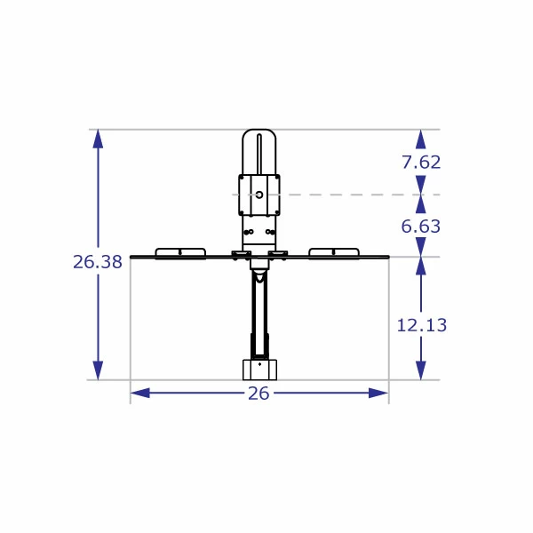 KIOSK-192 pole-mounted monitor arm and keyboard tray specification drawing front view with monitor attachment in lowest position with measurements