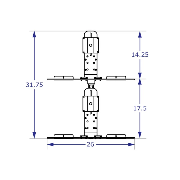 KIOSK-192 pole-mounted monitor arm and keyboard tray specification drawing front view in highest and lowest position with measurements
