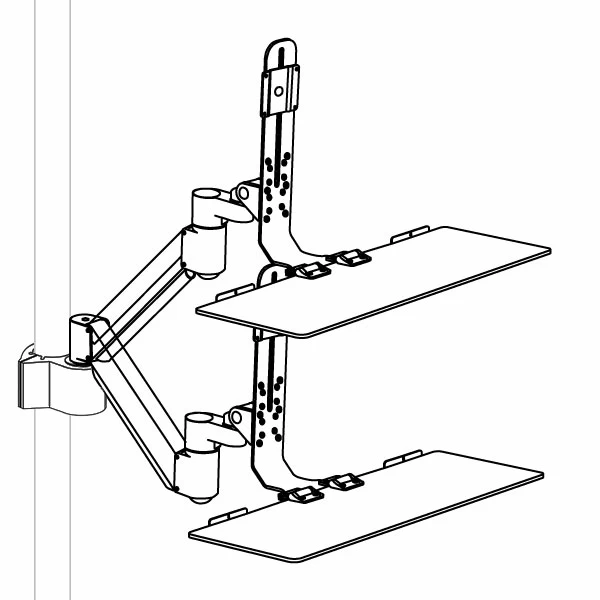 KIOSK-192 pole-mounted monitor arm and keyboard tray specification drawing isometric view showing highest and lowest positions