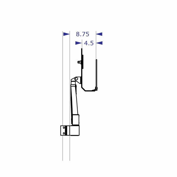 KIOSK-192 pole-mounted monitor arm and keyboard tray specification drawing side view with tray and arm folded with measurements