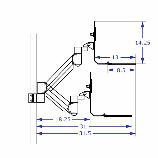 KIOSK-192 pole-mounted monitor arm and keyboard tray specification drawing side view in highest and lowest positions with measurements