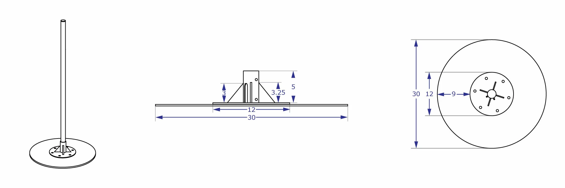 PM192 center base isometric view and closeup side and top views