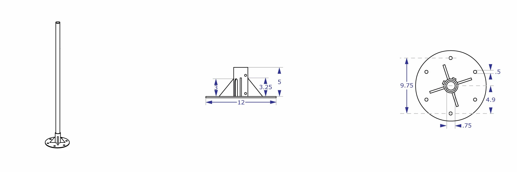 PM192 flange base isometric view and closeup side and top views