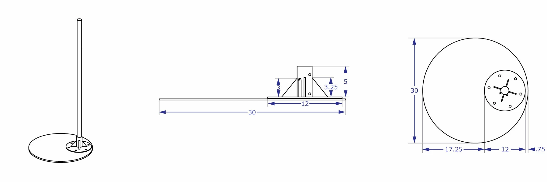 PM192 offset base isometric view and closeup side and top views