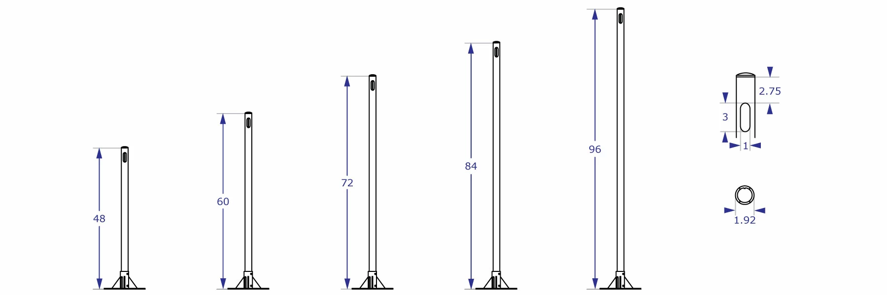 KIOSK-192 pole floor stand specification drawings showing five available pole lengths
