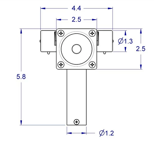 
Front view line drawing of the SERIES-118 low profile articulating monitor mount with the heavy duty tilter head showing all key measurements including the 5.8” total height.
