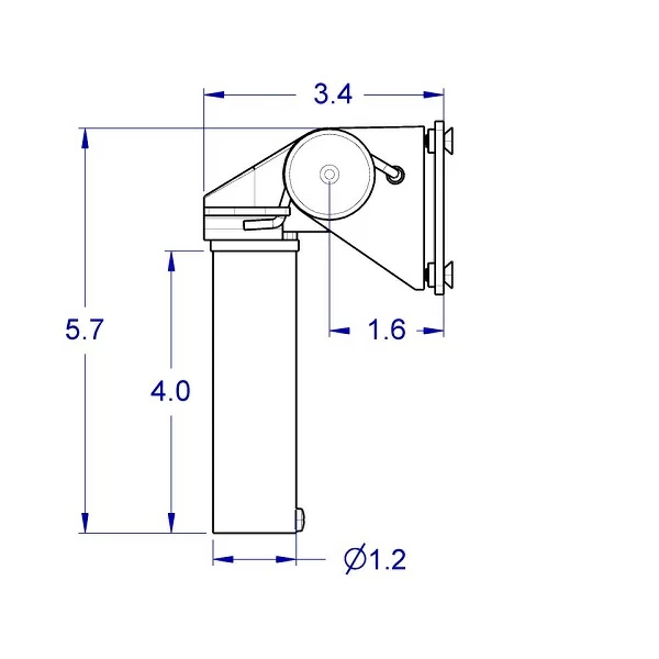 
Side view line drawing of the SERIES-118 low profile articulating monitor mount with the heavy duty tilter head showing the main measurements including the 4.0” tall mounting pin.
