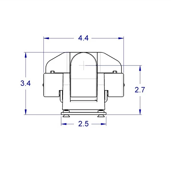
Top view line drawing of the SERIES-118 low profile articulating monitor mount with the heavy duty tilter head showing the main measurements including  the 2.5” width of the rotating front plate.
