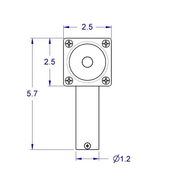 
Front view line drawing of the SERIES-118 low profile articulating monitor mount with the standard tilter head showing all key measurements including the 5.7” total height.

