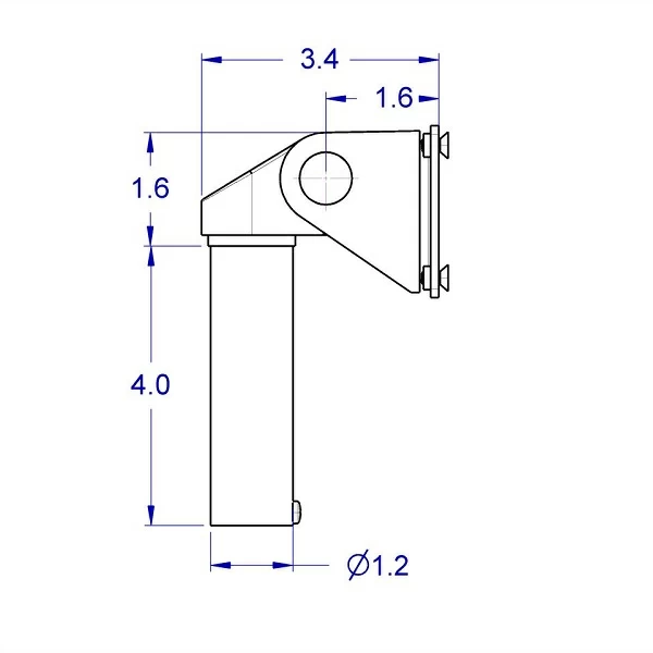 
Side view line drawing of the SERIES-118 low profile articulating monitor mount with the standard tilter head showing the main measurements including the 4.0” tall mounting pin.
