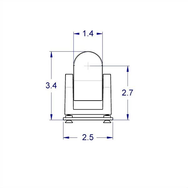 
Top view line drawing of the SERIES-118 low profile articulating monitor mount with the standard tilter head showing the main measurements including  the 2.5” width of the rotating front plate.
