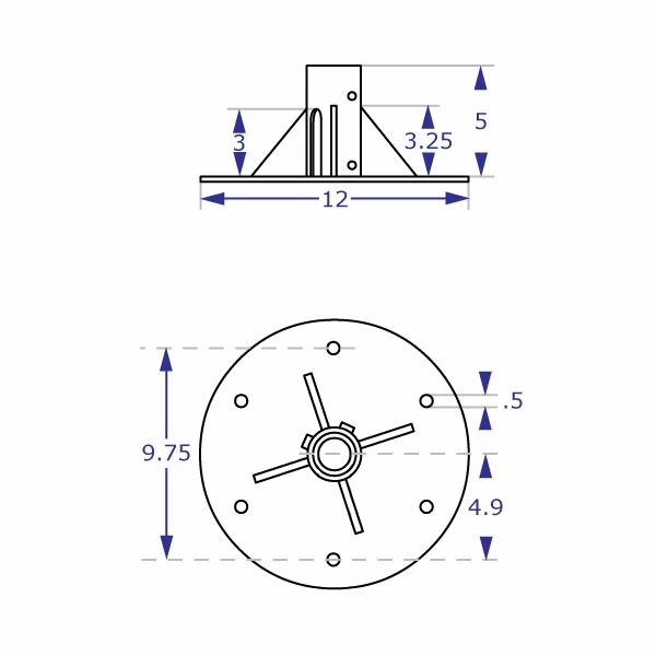 KIOSK-192 specification showing the flange base and mounting pole dimensions from top and side views.