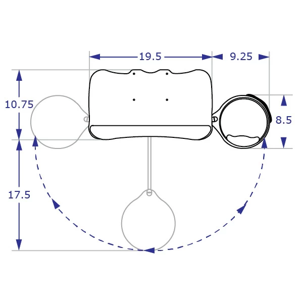 Specification drawing of OmniBoard Keyboard Tray Holder with adjustable mouse platform with measurements top view