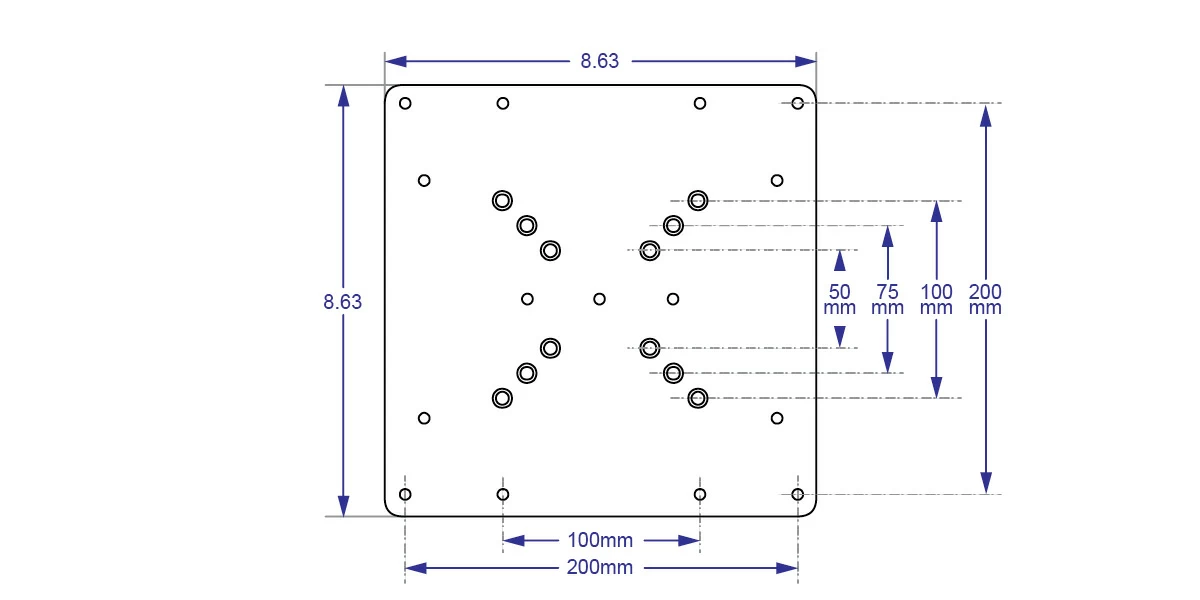 Specification Drawing for 200x200 mm VESA Adaptor Bracket