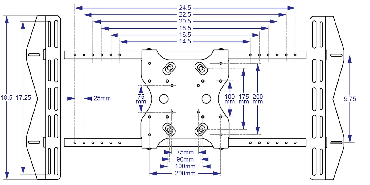Drawing: 100 x 300 mm to 400 x 600 mm adjustable VESA adaptor plate