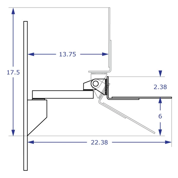 Side view line drawing of Articulating Keyboard Wall Mount for EC-TRACK showing the tray on a 7-inch extension in flat and folded up positions.