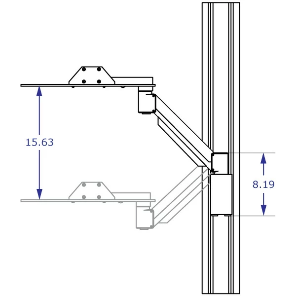 Line Drawing of side view of height adjustment range of keyboard tray for EC-TRACK