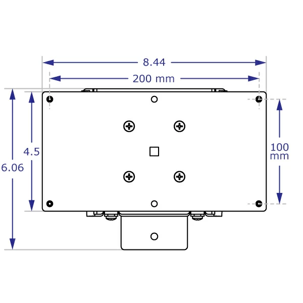 Line drawing of the front view of the 100x200 mm flush monitor mount for Ergomart's EC track.