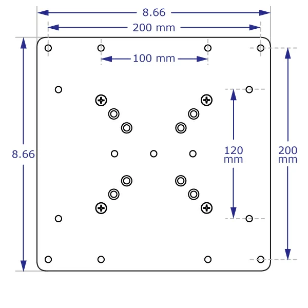 Line drawing of the front view of the 200x200 mm flush monitor mount for Ergomart's EC track.