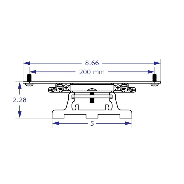 Line drawing of the top view of the 200x200 mm flush monitor mount for Ergomart's EC track.