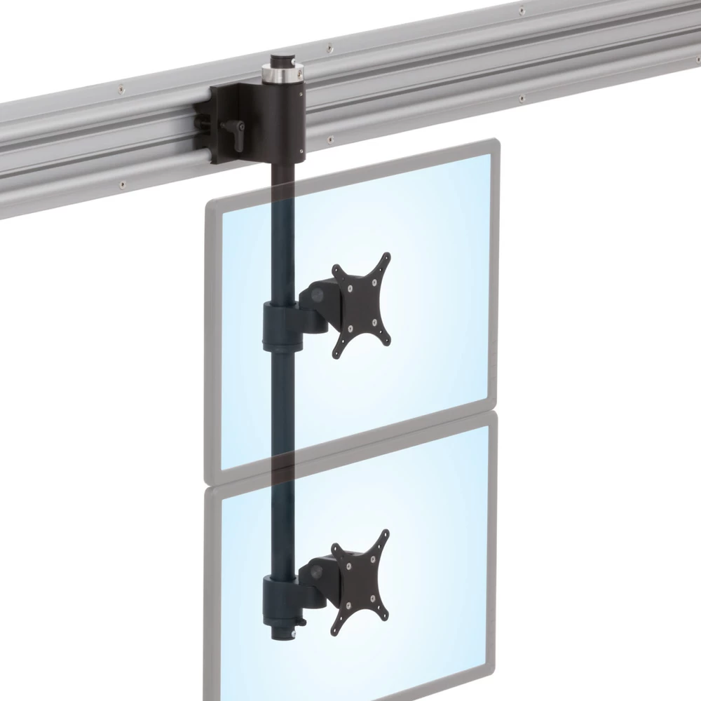 LS413D compact horizontal track with dual monitor mount shown in isometric view with monitors positioned low