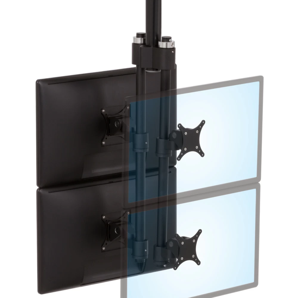LS413D compact horizontal track monitor mount in isometric view with four monitors mounted back to back