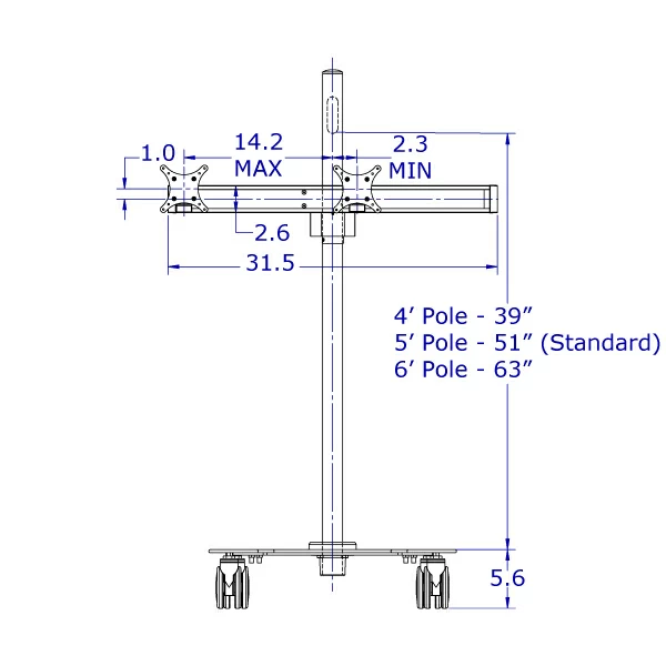 MCART-02 specification showing the pole and base dimensions from a front view, including monitors in a flat configuration.