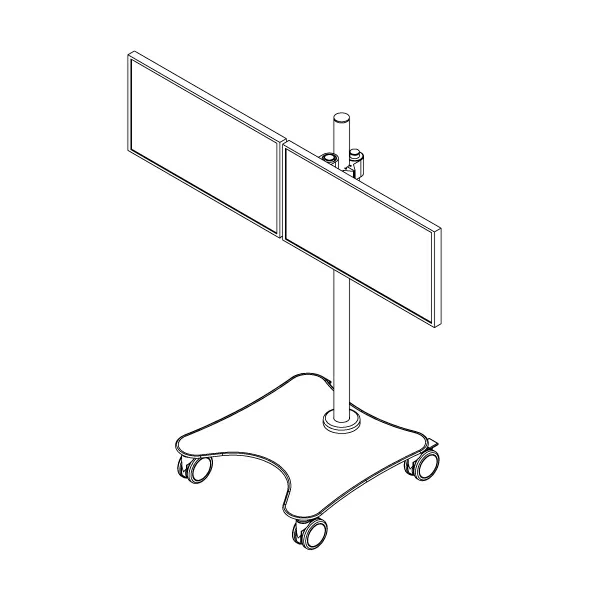 Spec drawing of MCART-02 rolling monitor cart shown from an isometric view.