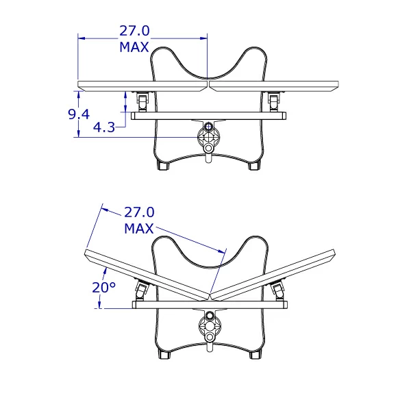 MCART-02 specification showing the monitor mounting dimensions from a top view, including monitors in a curved configuration.