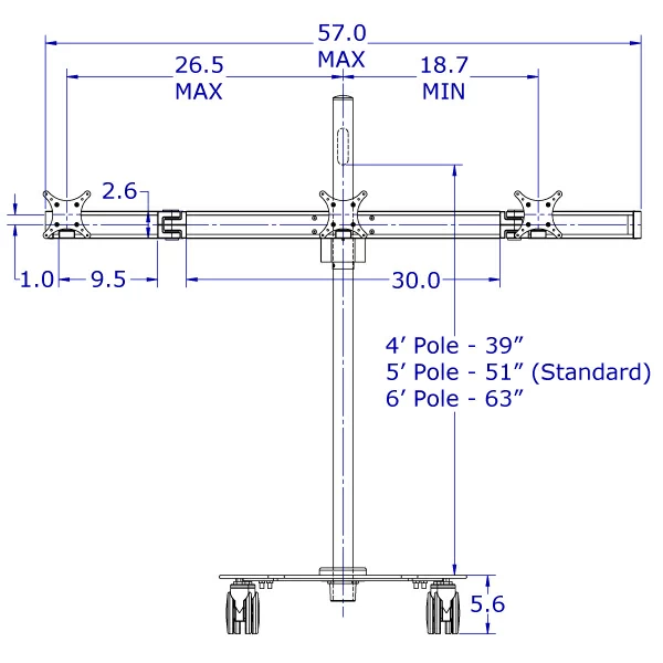 MCART-03 specification showing the pole and base dimensions from a front view, including monitors in a flat configuration.