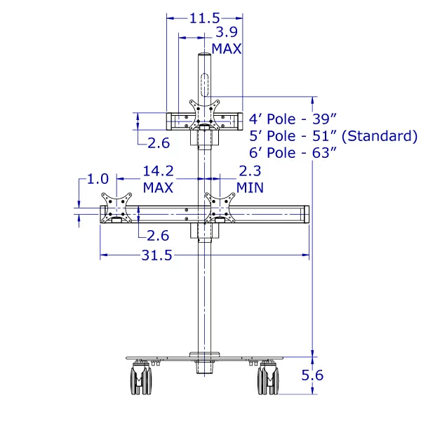 MCART-12 specification showing the pole and base dimensions from a front view, including monitors in a flat configuration.