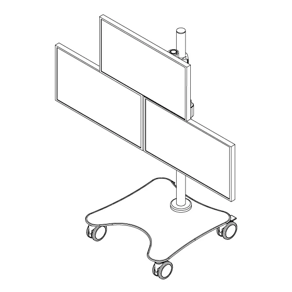 Spec drawing of MCART-12 rolling monitor cart shown from an isometric view.