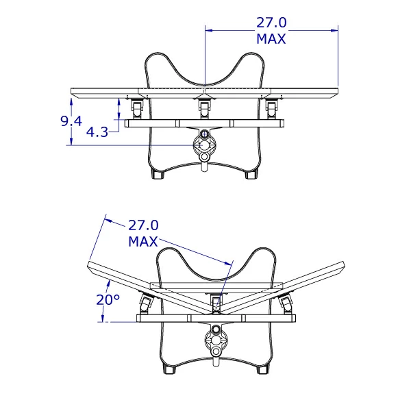 MCART-12 specification showing the monitor mounting dimensions from a top view, including monitors in a curved configuration.