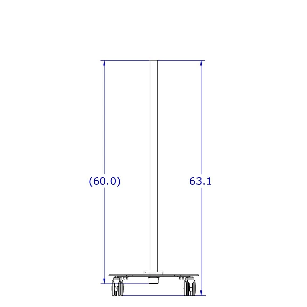 Specification drawing of rolling monitor cart base shown with a 5' pole.