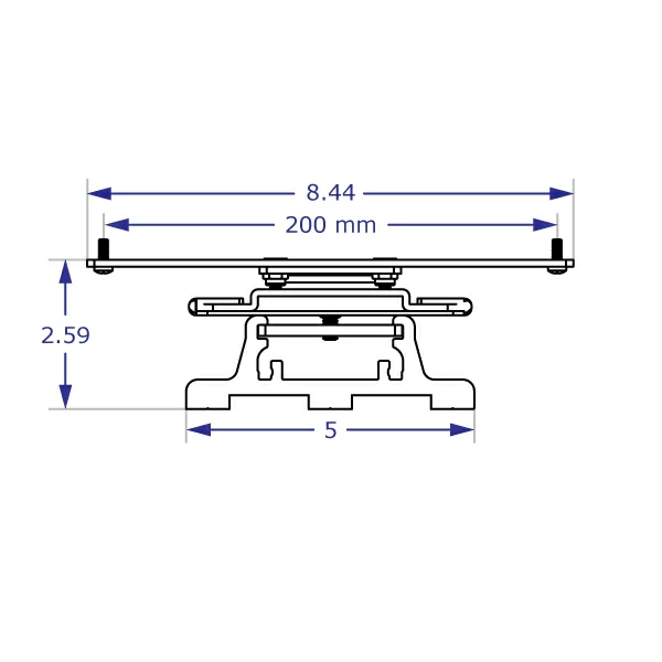 This top view drawing of the 100x200 mm Rotating Flush Monitor Mount for EC-TRACK shows that the back plane of the monitor is positioned at just 2.59" from the wall.