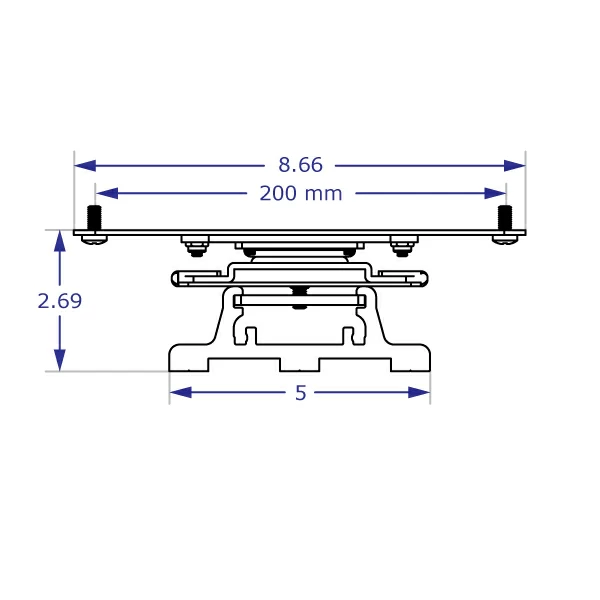 Line drawing of the top view of the 200x200 mm rotating flush monitor mount for Ergomart's EC-TRACK.