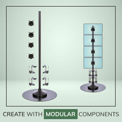 Ergomart's heavy-duty PM192 pole based floor stands create a floor stand: build a kiosk or a multi-monitor display with CPU units using modular components