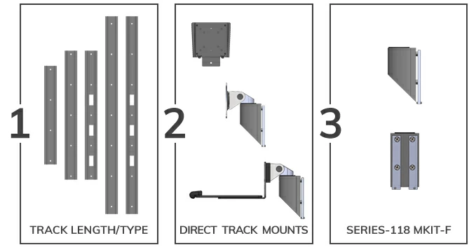Modular mounting components for the EC-TRACK starting with five lengths of track, pre-built direct monitor, CPU and keyboard mounts, and mount adapters that accept SERIES-118 keyboard and monitor mounts.
