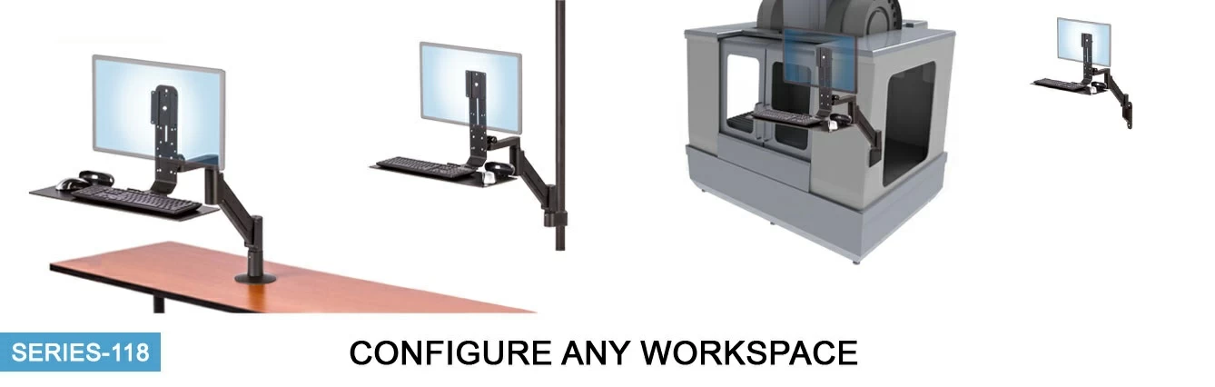 Various monitor and keyboard arms and other equipment from our SERIES-118 family of mounting devices.