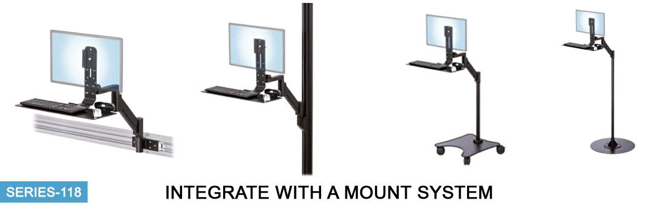 Ergomart's TRS2018 height adjustable monitor keyboard arm shown mounted to a worksurface, a pole coming down from the ceiling, a machine cabinet, and a heavy duty monitor cart.