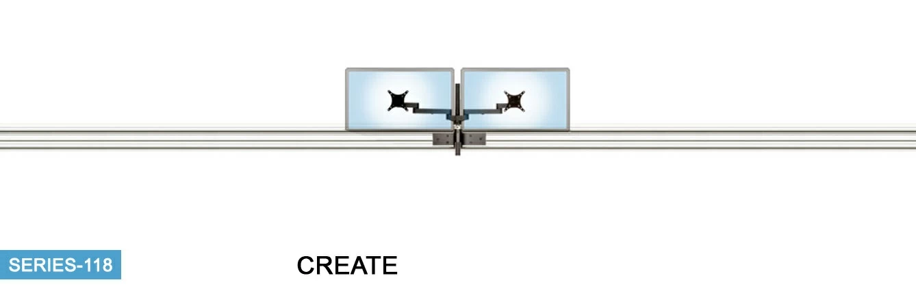 Ergomart's TRS2018 height adjustable monitor keyboard arm shown mounted on the Roller Track, a wall, a high capacity wall track, and floor standing pole.