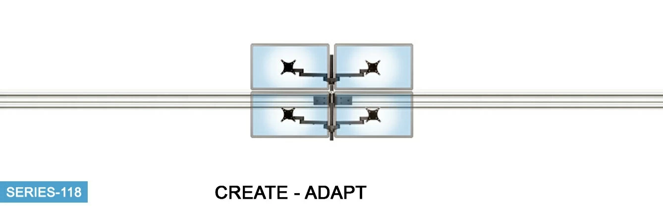 Three wall-track mounted systems demonstrating how Ergomart's modular mounts easily scale to meet growing needs from a simple 2-monitor sliding mount to a 7-monitor setup.