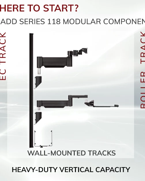 Extended Capacity vertical wall track with a SERIES-118 monitor arm, a height adjustable keyboard tray and a CPU holder shown in an exploded side view.