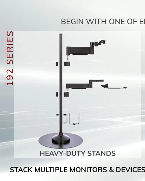 Heavy Duty floor stand with pole mounted modular SERIES-118 monitor and keyboard arms and a CPU holder shown in an exploded side view.