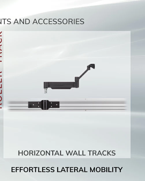 Roller Track shown with a horizontal sliding mount kit and a monitor arm shown in an exploded front view