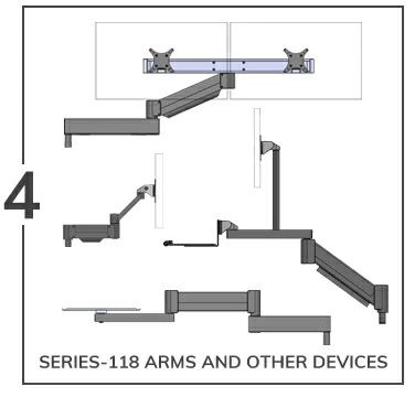 Monitor and keyboard arms and other equipment from our SERIES-118 family of modular mounting devices.
