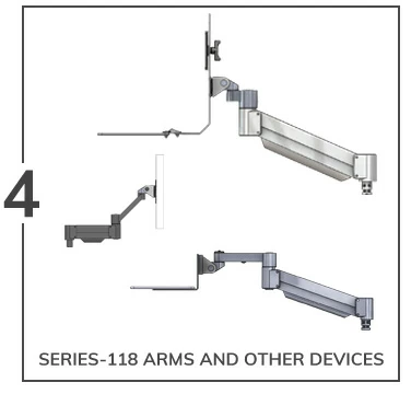 Our SERIES-118 family of modular mounting devices includes many monitor and keyboard arms and other devices.